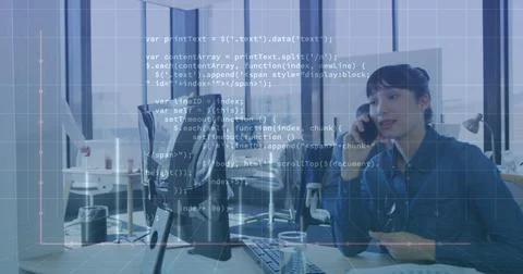 Image of graphs and computer language over asian woman talking on cellphone.. Stock Photos