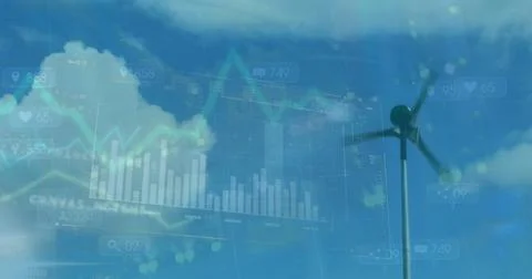 Image of graphs and computer language over low angle view of windmill against Stockfoto's