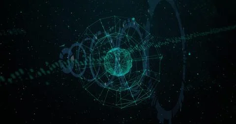 Image of graphs and connected dots around globe in loading circles over black Ilustración de archivo