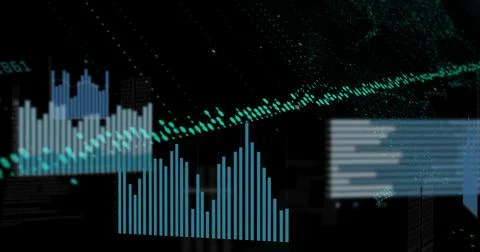 Image of graphs and data on black background Illustrazione stock