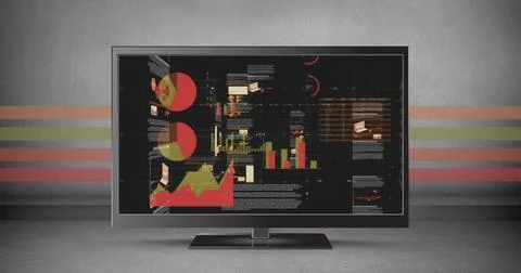 Image of graphs and data on computer screen over grey background with stripes Illustrazione stock