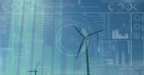 Image of graphs and data on digital screen over wind turbine Stock Photos