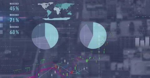 Image of graphs and data on digital screen 스톡 사진