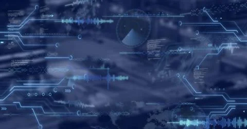 Image of graphs and data moving over navy background with clouds Illustrazione stock