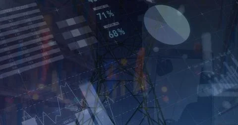 Image of graphs and data over fiend with electricity pole at dusk Stock Illustration