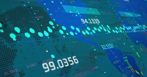 Image of graphs and data over world map on green background Stock Illustration