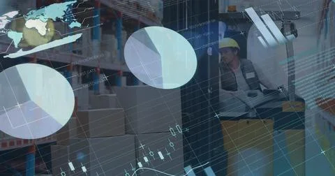 Image of graphs and data over caucasian male warehouse worker Stock Illustration