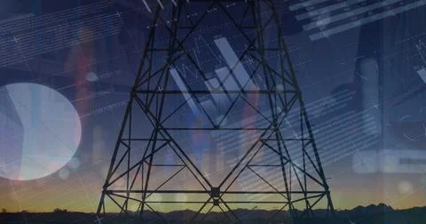 Image of graphs and data over fiend with electricity pole at dusk Ilustração Stock