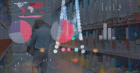 Image of graphs and data over caucasian male warehouse worker Stock Illustration