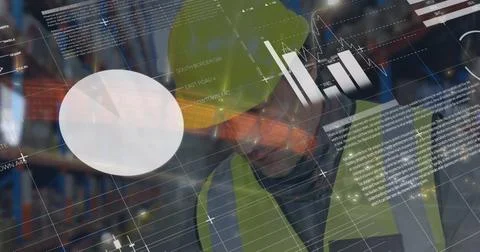 Image of graphs and data over caucasian male warehouse worker using tablet 스톡 일러스트