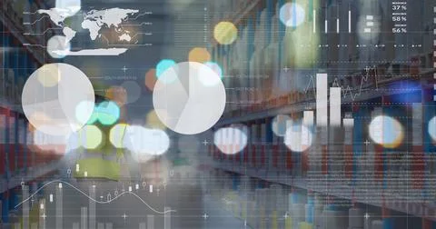 Image of graphs and data over caucasian male warehouse worker Stock Illustration