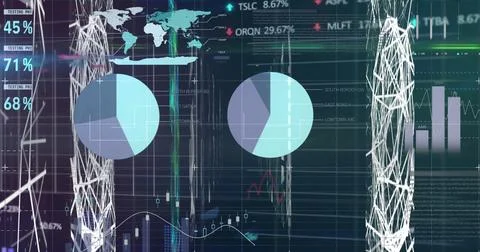 Image of graphs and data over navy background 스톡 일러스트