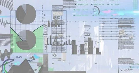 Image of graphs and data over white background with lights イラスト素材