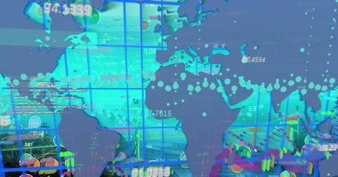 Image of graphs and data over world map Illustrazione stock