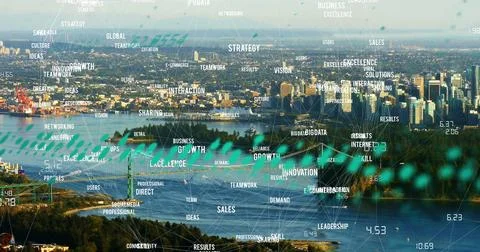 Image of graphs and data over cityscape 스톡 일러스트