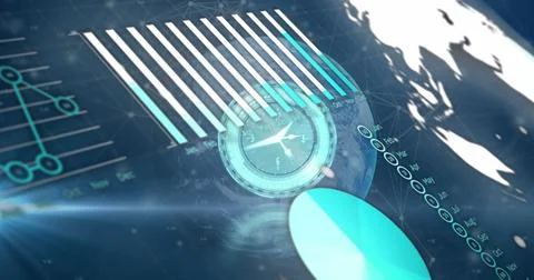 Image of graphs and data over clock and globe with connections in navy space 스톡 일러스트