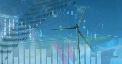 Image of graphs and data over wind turbine and night road traffic Foto stock
