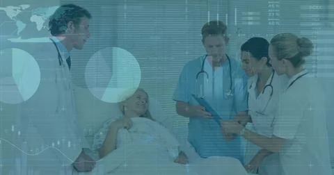 Image of graphs and data over diverse female and male doctors with female p.. Stock Photos