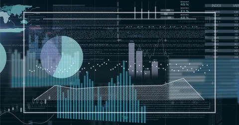 Image of graphs and data over infographic interface against black background Stock Photos