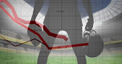 Image of graphs and data processing over midsection of american football player Illustrazione stock