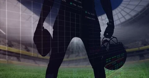 Image of graphs and data processing over midsection of american football player 스톡 일러스트