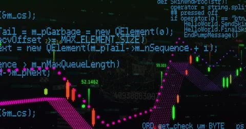 Image of graphs and data processing on black background Illustrazione stock