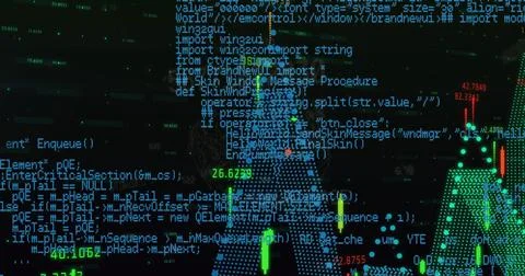 Image of graphs and data processing on black background Stock Illustration