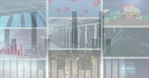Image of graphs and data processing over colourful clips playing on composite 스톡 일러스트