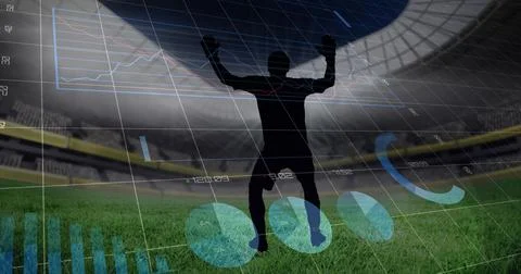 Image of graphs and data processing over footballers at sports stadium イラスト素材