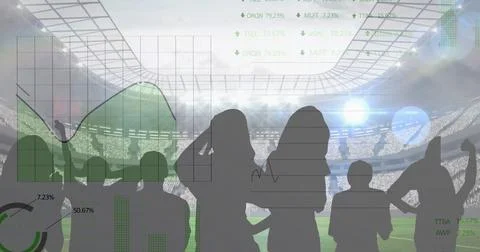 Image of graphs and data processing over fans at sports stadium イラスト素材