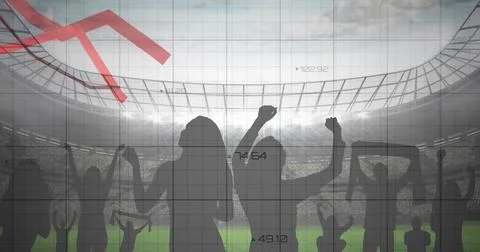 Image of graphs and data processing over cheering fans at sports stadium イラスト素材
