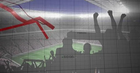 Image of graphs and data processing over cheering fans at sports stadium イラスト素材