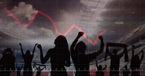 Image of graphs and data processing over cheering fans at sports stadium Stockillustratie