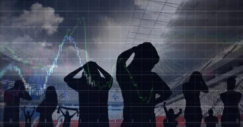 Image of graphs and data processing over sports fans at stadium イラスト素材