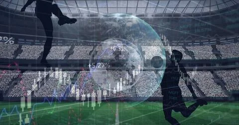 Image of graphs and data processing with globe and footballers, over sports Stockillustratie