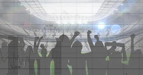 Image of graphs and data processing over fans cheering at sports stadium Stock Illustration