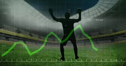 Image of graphs and data processing with footballers over sports stadium 스톡 일러스트