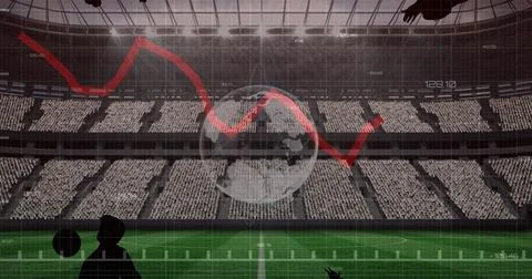 Image of graphs and data processing with footballers over sports stadium 스톡 일러스트