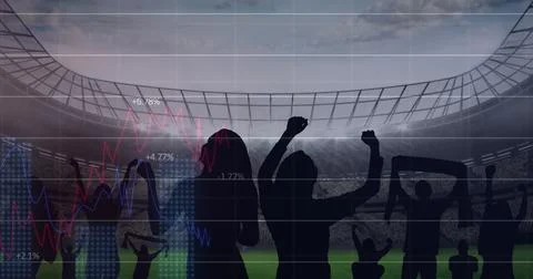 Image of graphs and data processing on interface over cheering sports fans at 스톡 일러스트