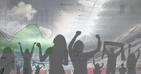 Image of graphs and data processing on interface over sports fans at stadium 스톡 일러스트