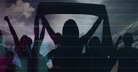 Image of graphs and data processing over cheering sports fans at stadium Stockillustratie