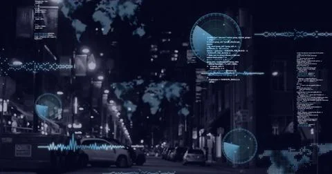 Image of graphs and data processing over cityscape 스톡 일러스트