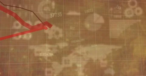 Image of graphs and data processing over world map and charts on brown イラスト素材