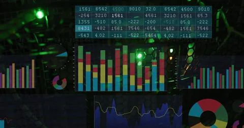 Image of graphs and data processing on black background Foto stock