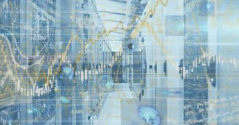 Image of graphs and data processing over computer server room 스톡 사진