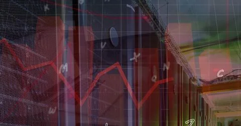 Image of graphs and data processing over computer server room Stock Photos