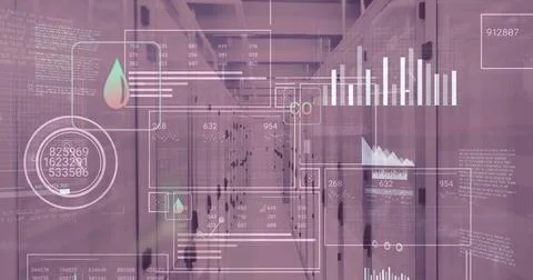 Image of graphs and data processing on digital screens over servers 写真素材