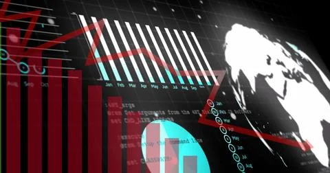 Image of graphs and data processing over globe on black background Foto stock