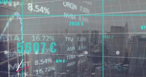 Image of graphs and data processing over modern cityscape Stock Photos