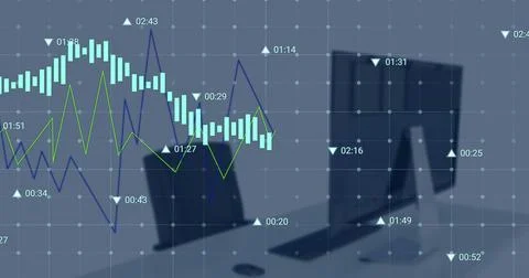 Image of graphs and data processing over computer on desk at empty office Foto stock